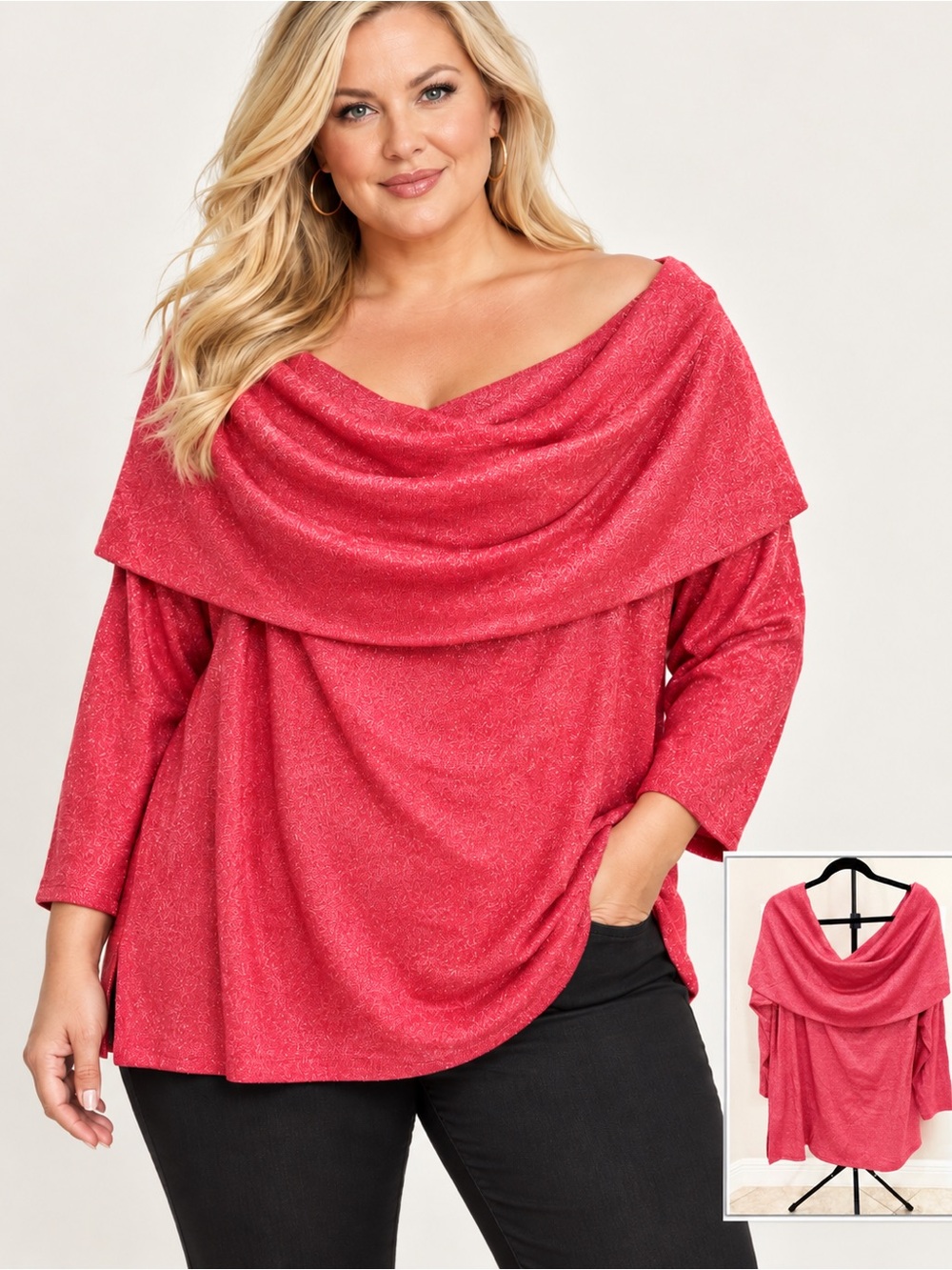 Colleen Lopez Super Soft Convertible Shimmer Sweater Top 2X Crimson Red Holiday